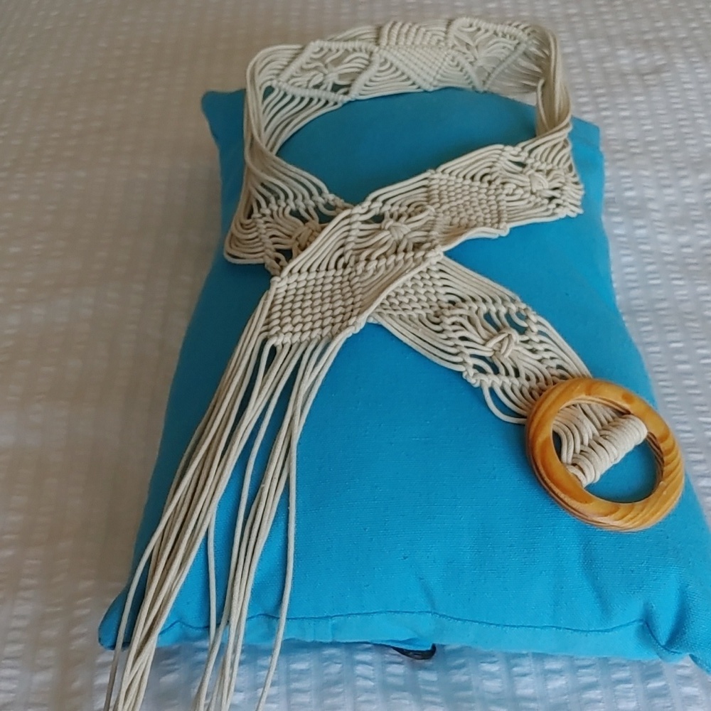 Handmade Ecru Macrame & Wood Boho Festival Belt with Fringe